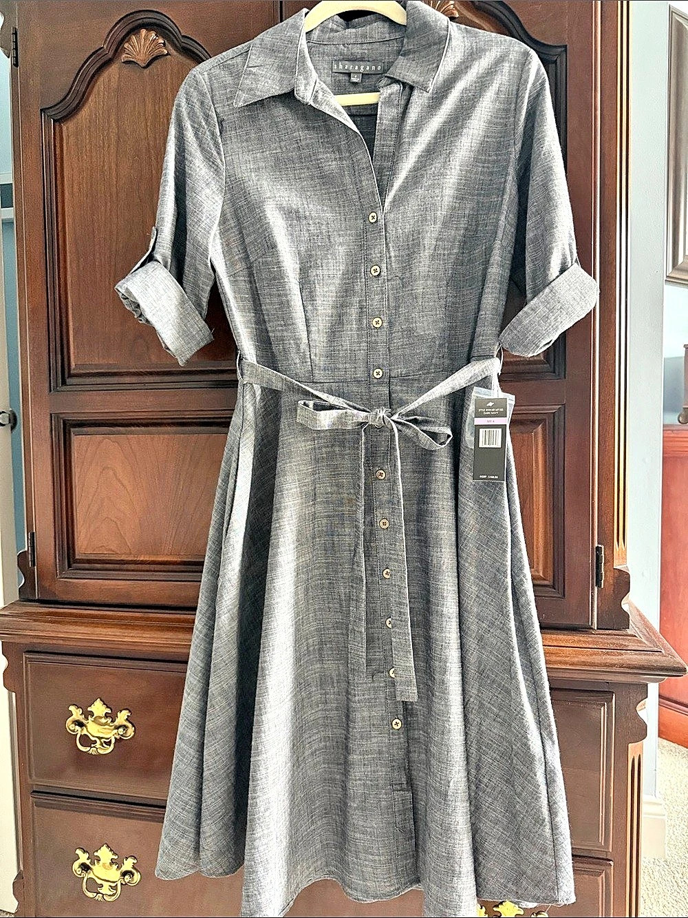NWT sharagano Belted Shirt Dress in Gray Size 6